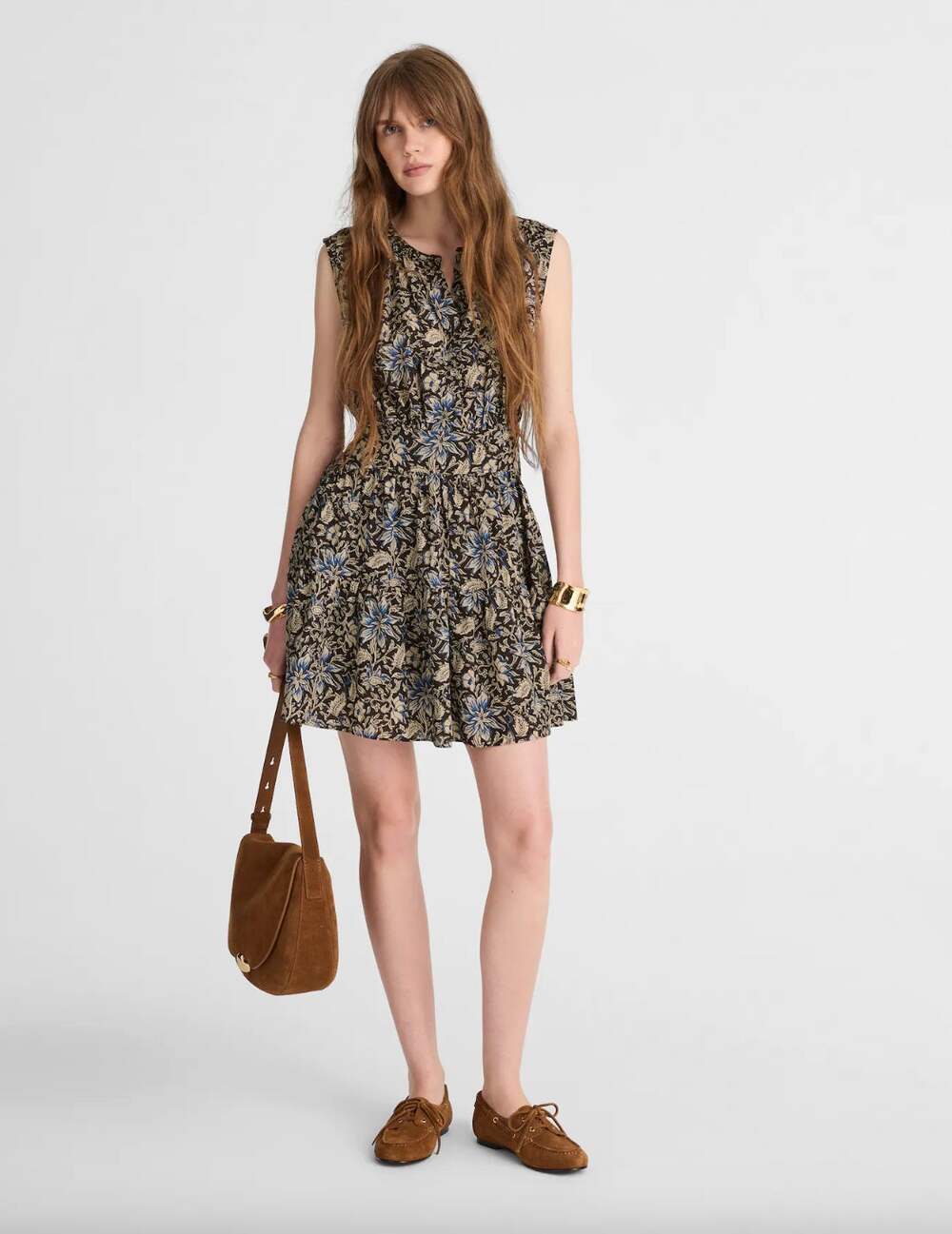 Madewell Gathered Button Front Mini Dress Floral Dark Carob Boho Cottage XS NWT